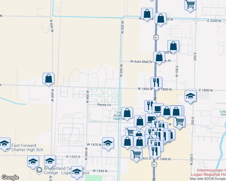 map of restaurants, bars, coffee shops, grocery stores, and more near 60 North Hampton Place in Logan