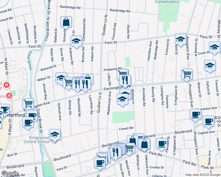 map of restaurants, bars, coffee shops, grocery stores, and more near Farmington Avenue & Maplewood Avenue in West Hartford