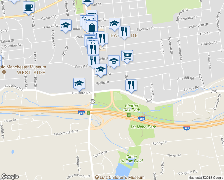 map of restaurants, bars, coffee shops, grocery stores, and more near 89 Charter Oak Street in Manchester