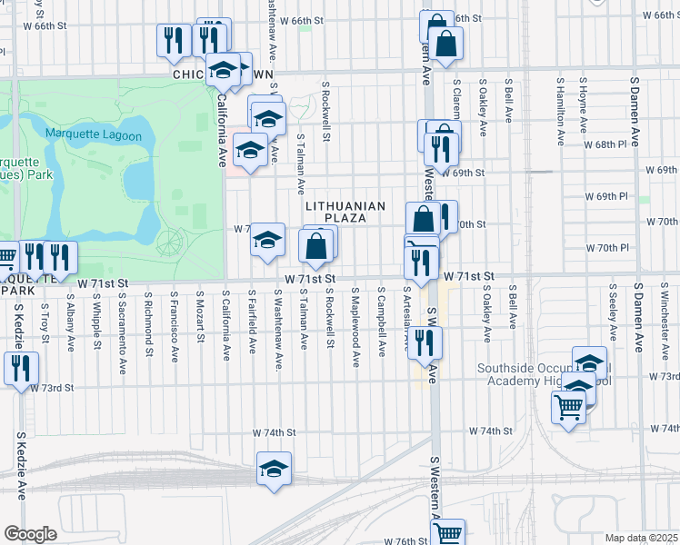 map of restaurants, bars, coffee shops, grocery stores, and more near 2548 West 71st Street in Chicago