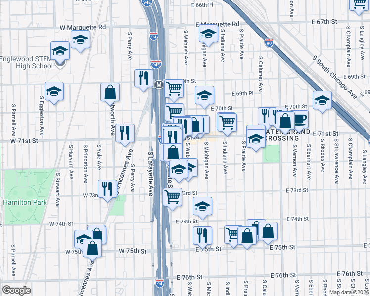 map of restaurants, bars, coffee shops, grocery stores, and more near 7120 South Wabash Avenue in Chicago