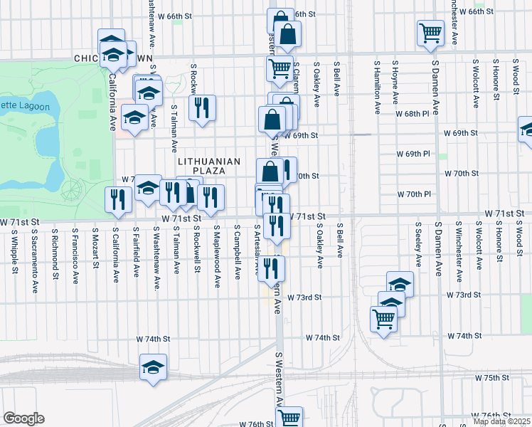 map of restaurants, bars, coffee shops, grocery stores, and more near 2417 West 71st Street in Chicago