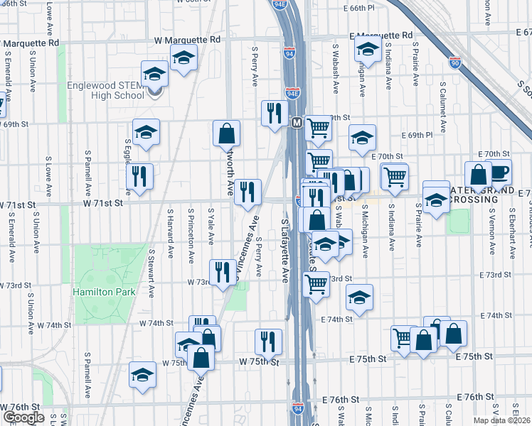 map of restaurants, bars, coffee shops, grocery stores, and more near 7130 South Lafayette Avenue in Chicago