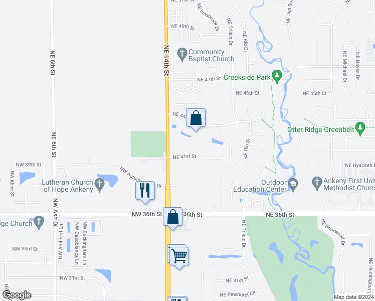 map of restaurants, bars, coffee shops, grocery stores, and more near 150 Northeast 41st Street in Ankeny