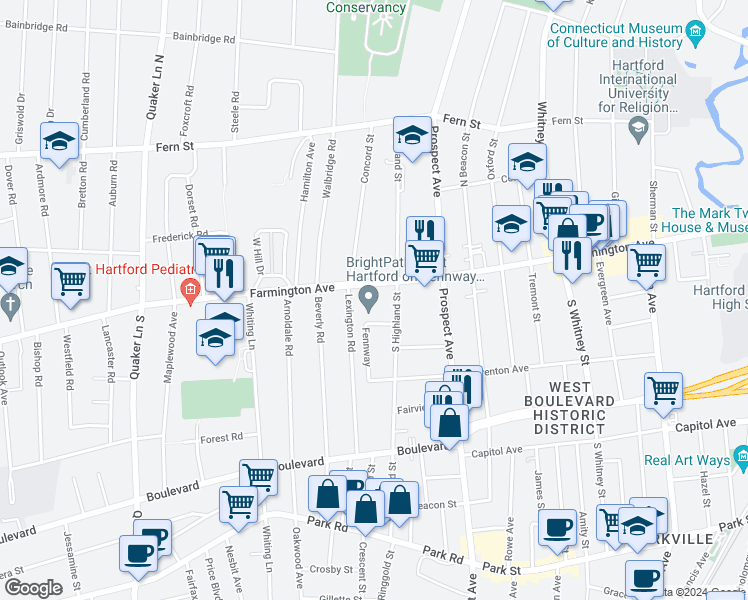 map of restaurants, bars, coffee shops, grocery stores, and more near 701 Farmington Avenue in West Hartford