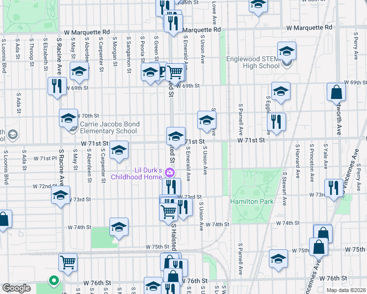 map of restaurants, bars, coffee shops, grocery stores, and more near 7108 South Emerald Avenue in Chicago