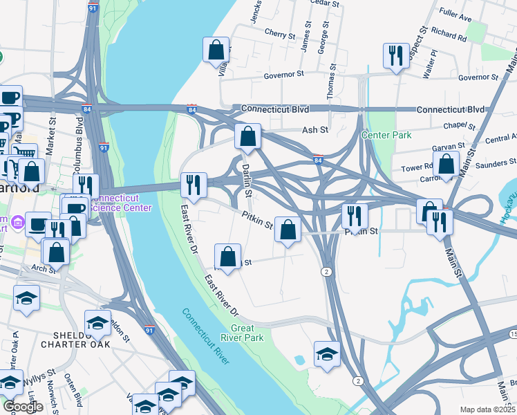 map of restaurants, bars, coffee shops, grocery stores, and more near 130 Darlin Street in East Hartford