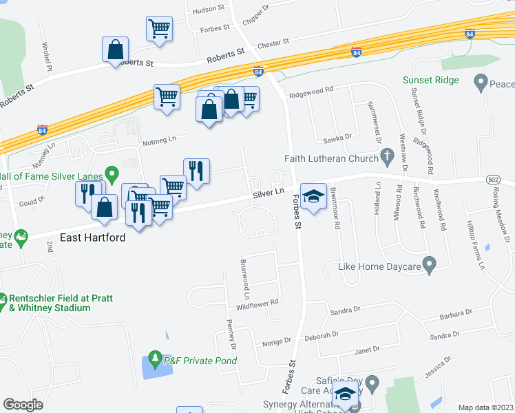 map of restaurants, bars, coffee shops, grocery stores, and more near Phillips Farm Road in East Hartford