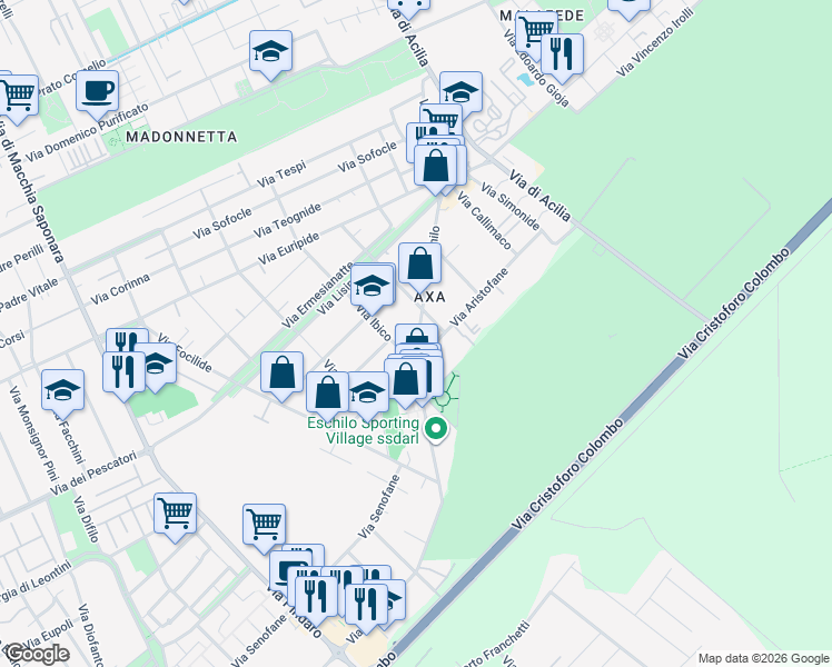 map of restaurants, bars, coffee shops, grocery stores, and more near 96 Via Aristofane in Città metropolitana di Roma Capitale