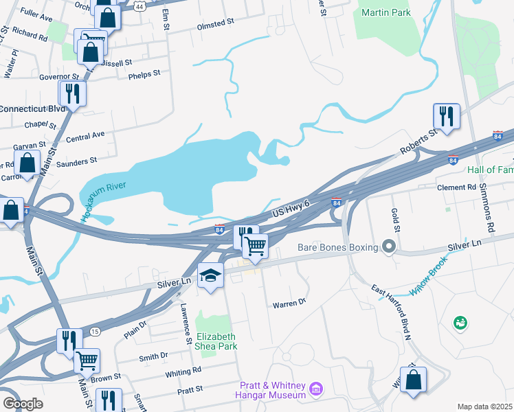 map of restaurants, bars, coffee shops, grocery stores, and more near 82 Phillips Farm Road in East Hartford