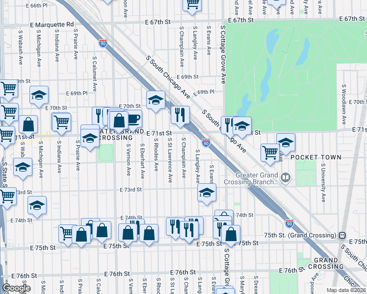 map of restaurants, bars, coffee shops, grocery stores, and more near 7145 South Champlain Avenue in Chicago
