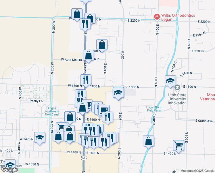 map of restaurants, bars, coffee shops, grocery stores, and more near 31 East 1800 North in North Logan