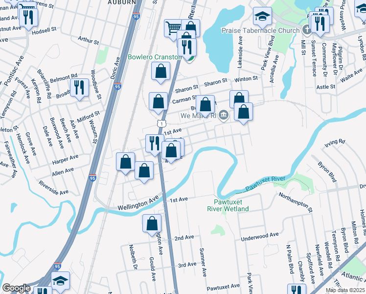map of restaurants, bars, coffee shops, grocery stores, and more near 92 3rd Avenue in Cranston