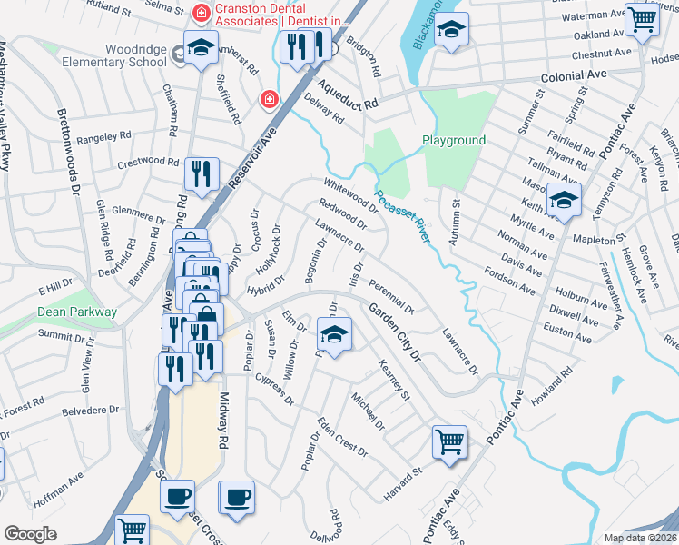 map of restaurants, bars, coffee shops, grocery stores, and more near 198 Garden City Drive in Cranston