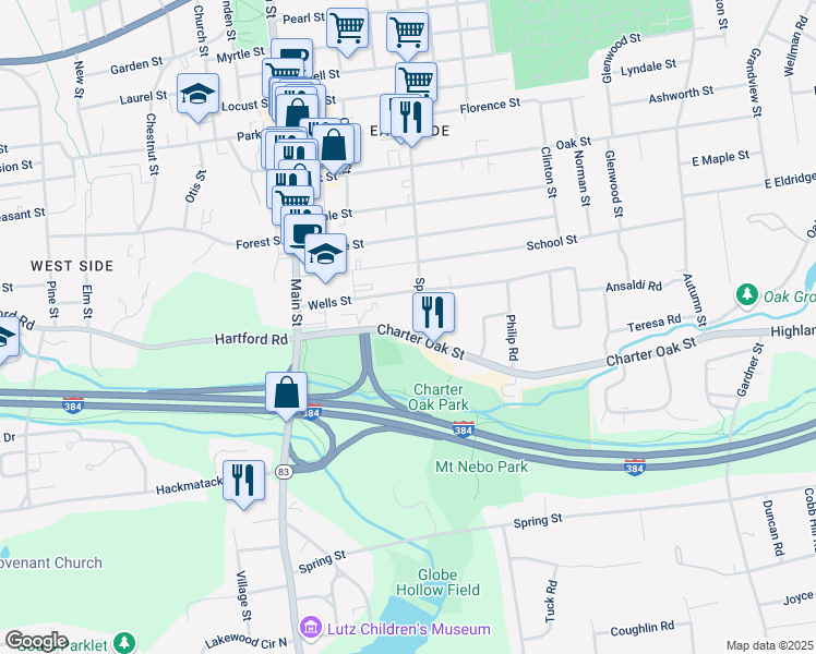 map of restaurants, bars, coffee shops, grocery stores, and more near 98 Charter Oak Street in Manchester