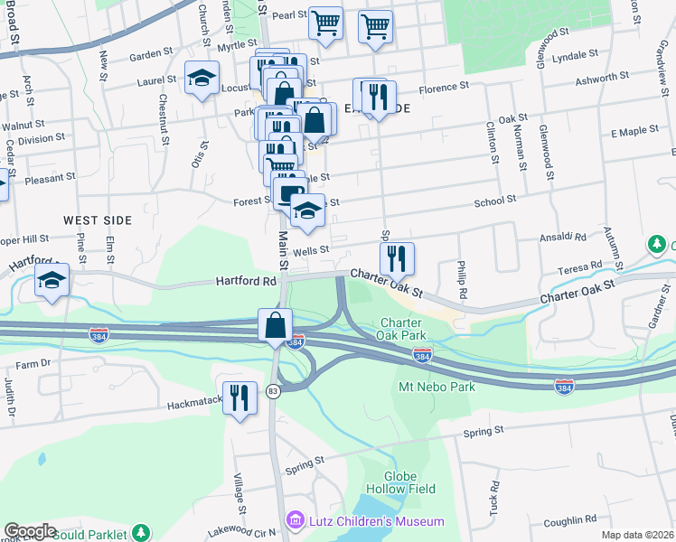 map of restaurants, bars, coffee shops, grocery stores, and more near 57 Charter Oak Street in Manchester