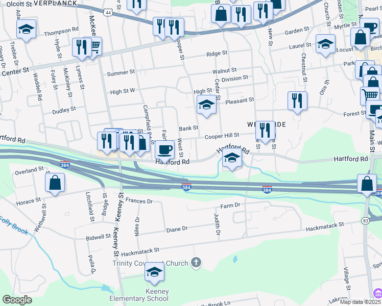 map of restaurants, bars, coffee shops, grocery stores, and more near 16 Goslee Drive in Manchester
