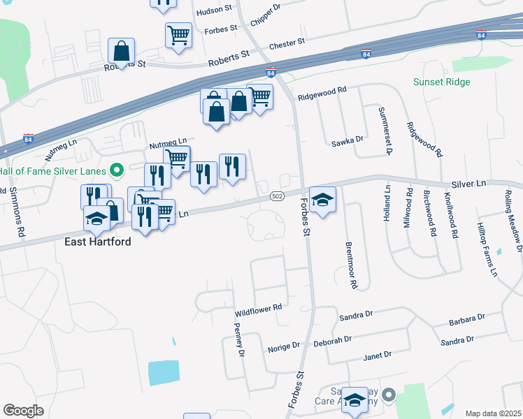 map of restaurants, bars, coffee shops, grocery stores, and more near 82 Phillips Farm Road in East Hartford