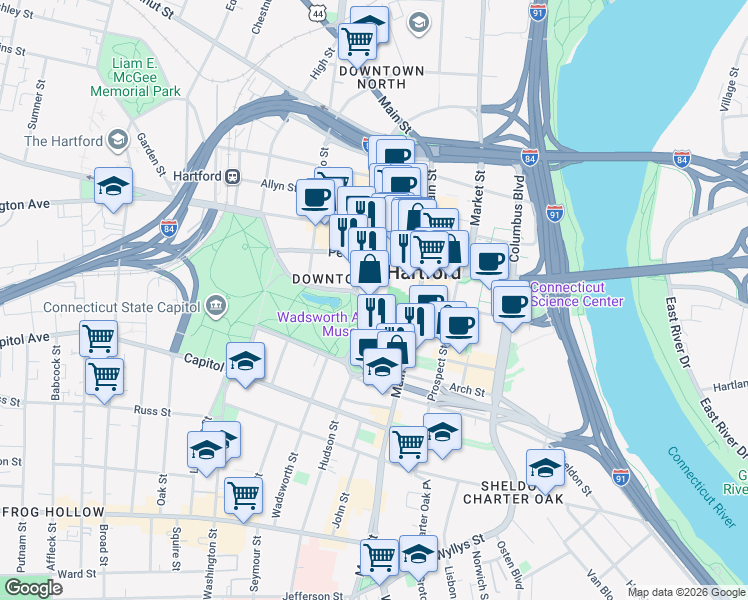 map of restaurants, bars, coffee shops, grocery stores, and more near 59 Gold Street in Hartford