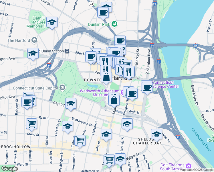 map of restaurants, bars, coffee shops, grocery stores, and more near 59 Gold Street in Hartford