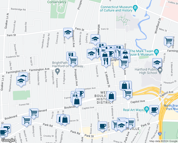 map of restaurants, bars, coffee shops, grocery stores, and more near 196 Beacon Street in Hartford