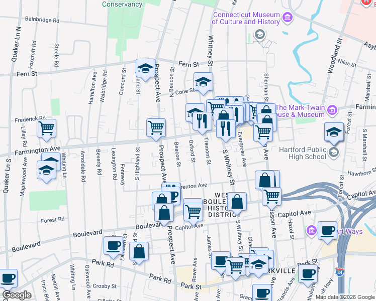 map of restaurants, bars, coffee shops, grocery stores, and more near 196 Beacon Street in Hartford