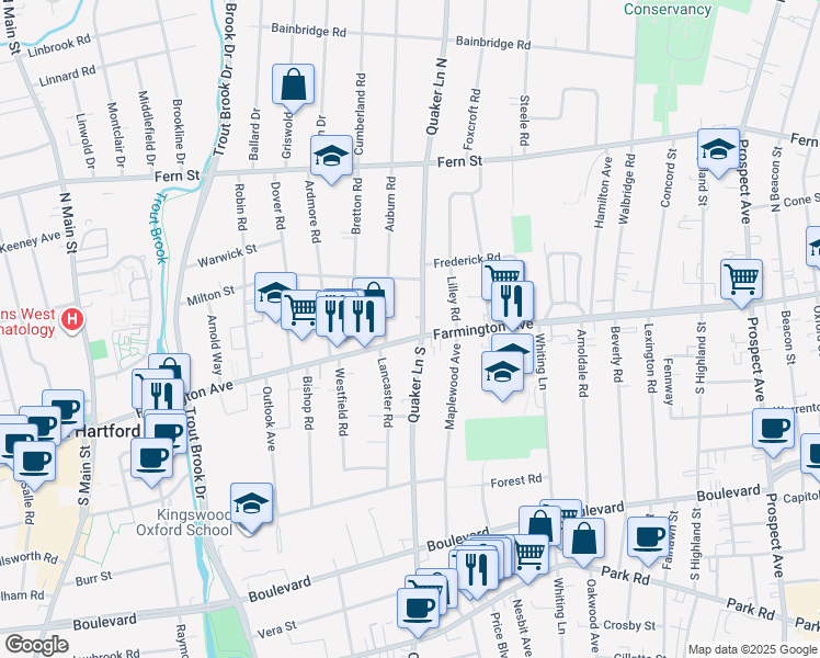 map of restaurants, bars, coffee shops, grocery stores, and more near in West Hartford