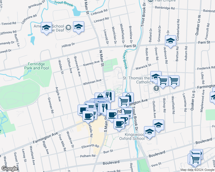 map of restaurants, bars, coffee shops, grocery stores, and more near 35 North Main Street in West Hartford