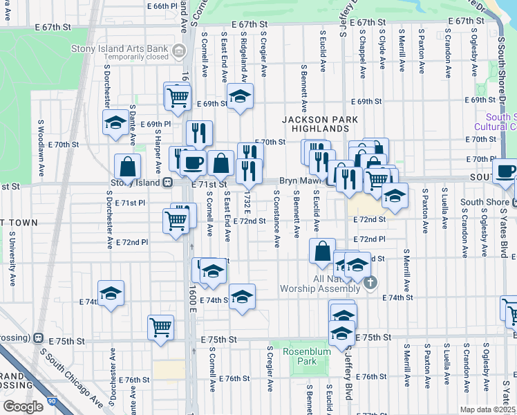 map of restaurants, bars, coffee shops, grocery stores, and more near 1734 East 72nd Street in Chicago