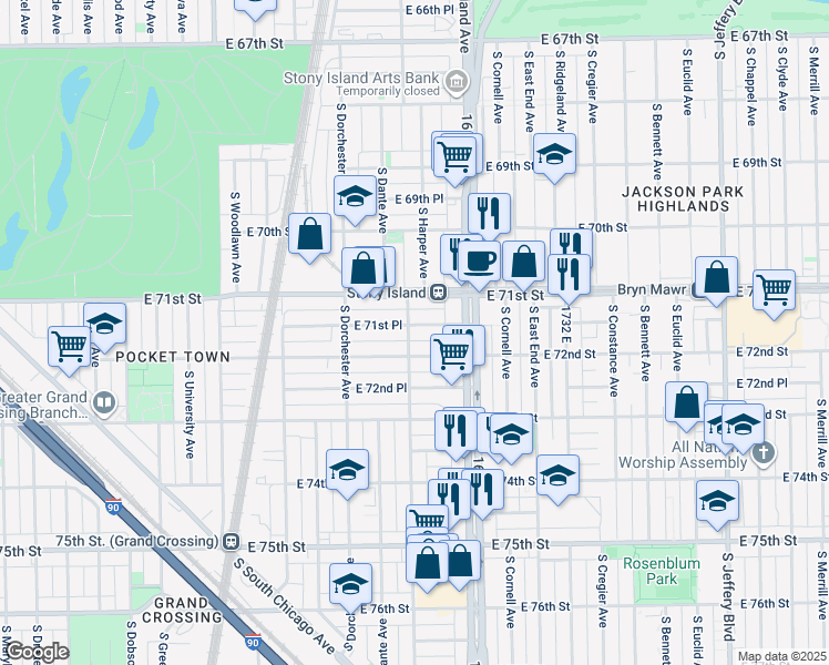 map of restaurants, bars, coffee shops, grocery stores, and more near 1510 East 72nd Street in Chicago