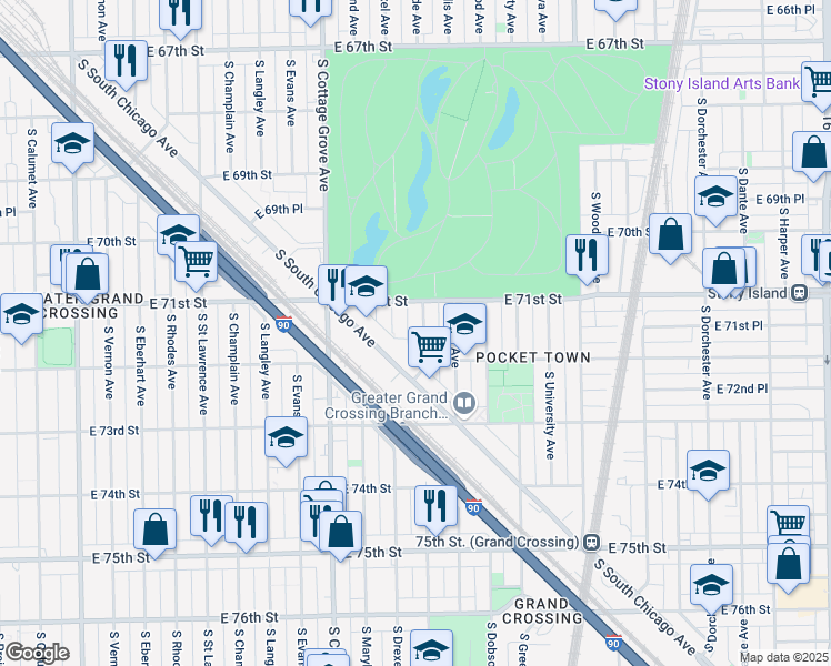 map of restaurants, bars, coffee shops, grocery stores, and more near 7147 South Ingleside Avenue in Chicago
