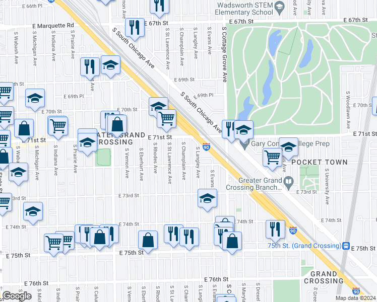 map of restaurants, bars, coffee shops, grocery stores, and more near 7145 South Champlain Avenue in Chicago
