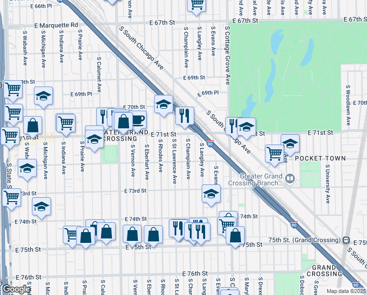 map of restaurants, bars, coffee shops, grocery stores, and more near 7145 South Champlain Avenue in Chicago