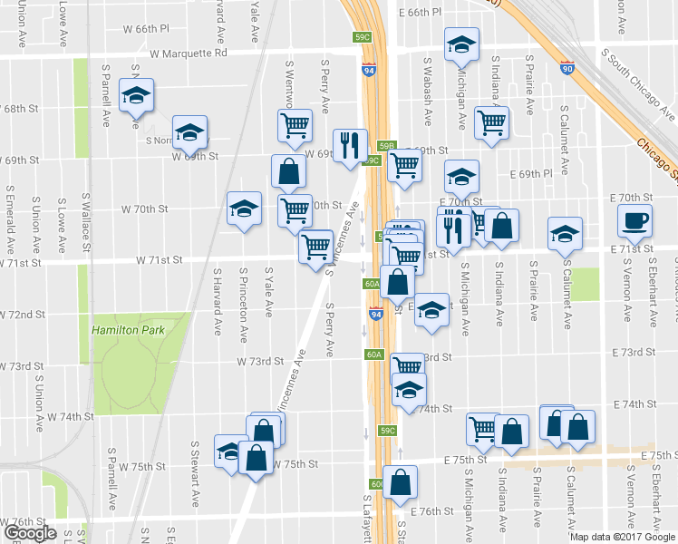map of restaurants, bars, coffee shops, grocery stores, and more near 7130 South Lafayette Avenue in Chicago
