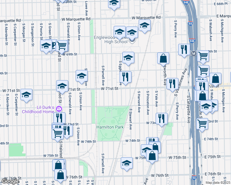 map of restaurants, bars, coffee shops, grocery stores, and more near 7128 South Eggleston Avenue in Chicago