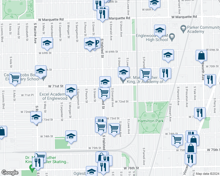 map of restaurants, bars, coffee shops, grocery stores, and more near 7124 South Emerald Avenue in Chicago