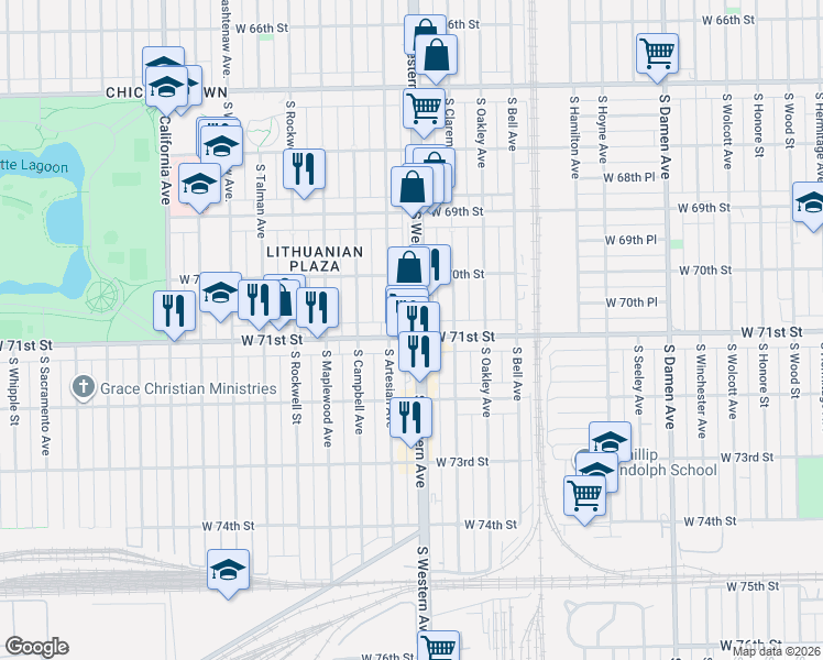 map of restaurants, bars, coffee shops, grocery stores, and more near 2417 West 71st Street in Chicago