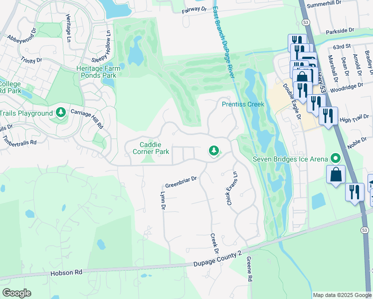 map of restaurants, bars, coffee shops, grocery stores, and more near 7S360 Baltusrol Lane in Naperville