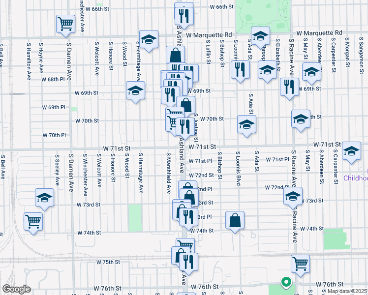 map of restaurants, bars, coffee shops, grocery stores, and more near S Ashland Ave & W 71st St in Chicago