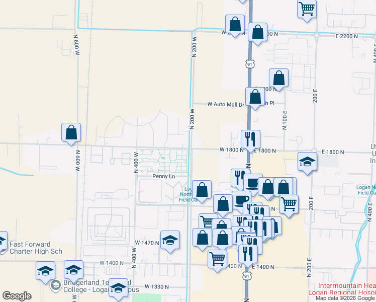 map of restaurants, bars, coffee shops, grocery stores, and more near 85 Hampton Place in Logan