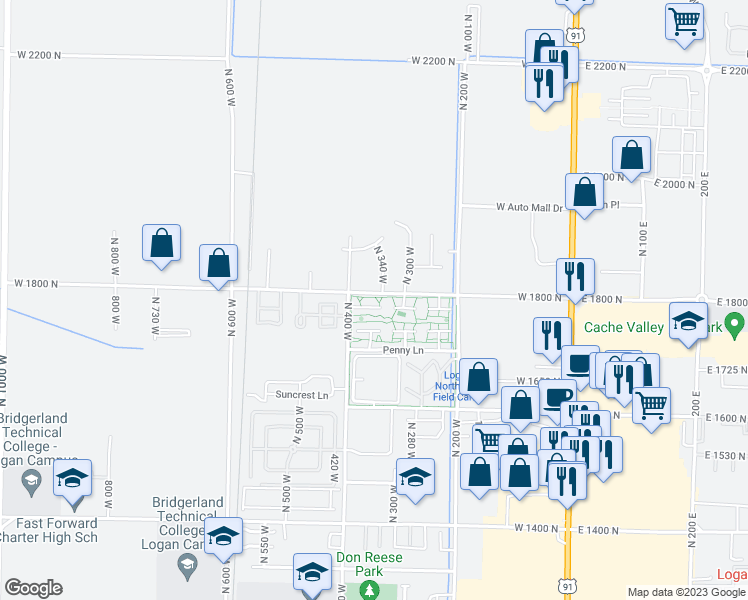 map of restaurants, bars, coffee shops, grocery stores, and more near 23 West 1780 North in Logan