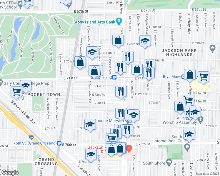 map of restaurants, bars, coffee shops, grocery stores, and more near 1511 East 71st Place in Chicago