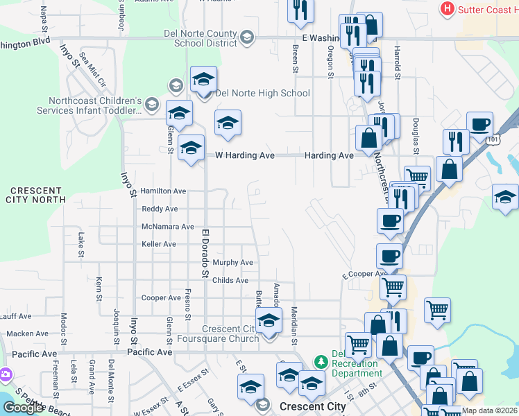 map of restaurants, bars, coffee shops, grocery stores, and more near 261 Ruchong Lane in Crescent City