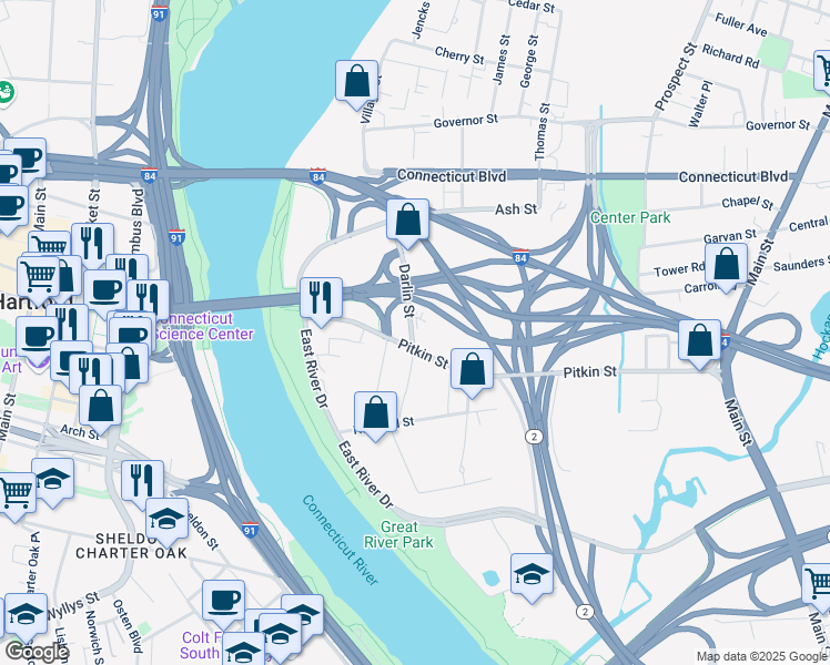 map of restaurants, bars, coffee shops, grocery stores, and more near 130 Darlin Street in East Hartford