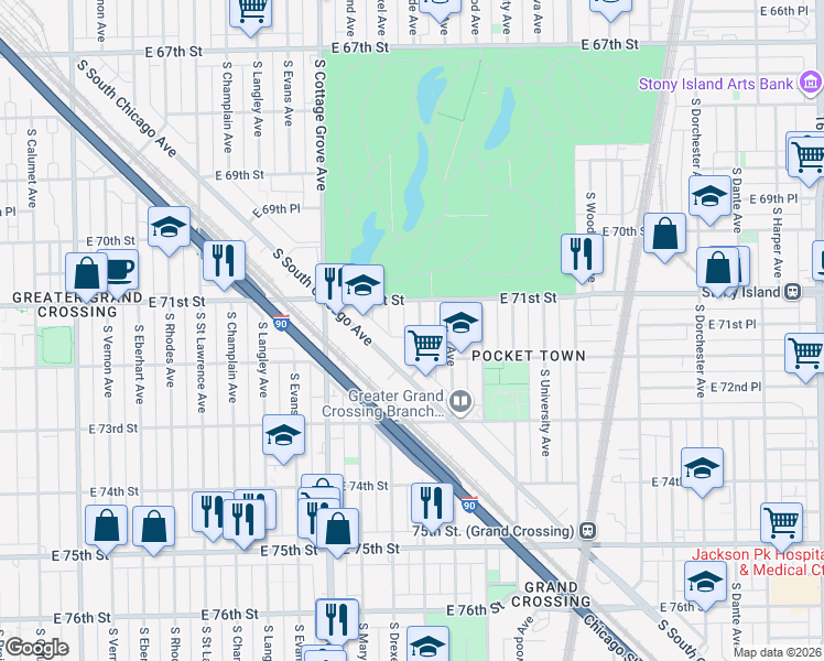 map of restaurants, bars, coffee shops, grocery stores, and more near 7147 South Ingleside Avenue in Chicago