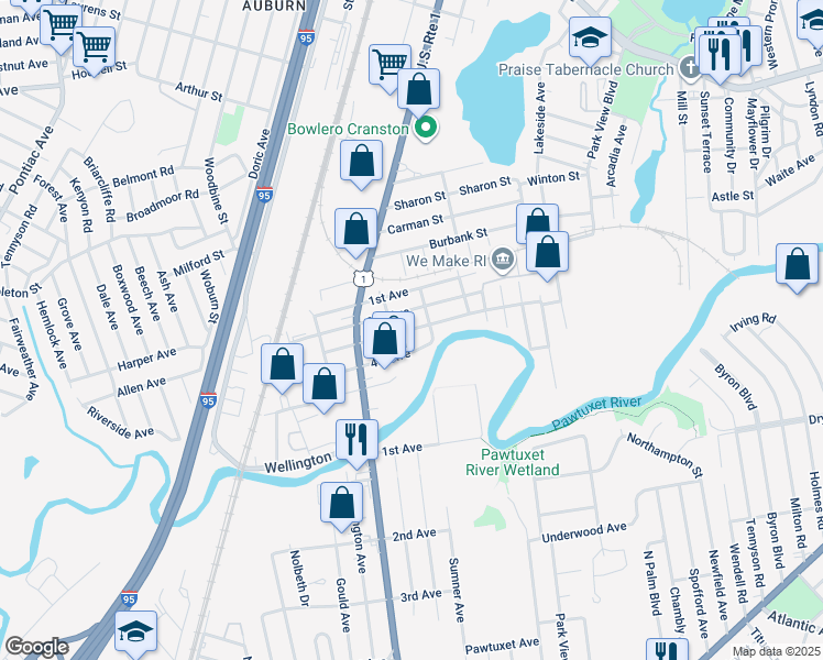 map of restaurants, bars, coffee shops, grocery stores, and more near 92 3rd Avenue in Cranston
