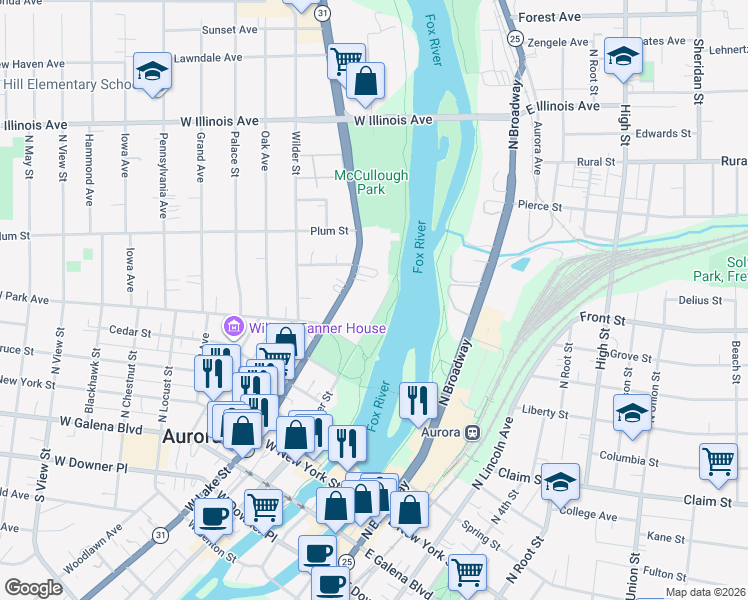 map of restaurants, bars, coffee shops, grocery stores, and more near 430 North River Street in Aurora