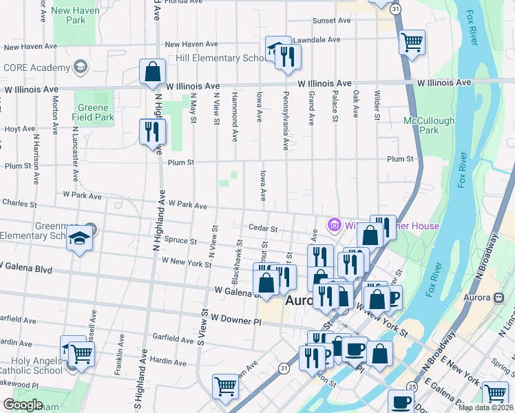 map of restaurants, bars, coffee shops, grocery stores, and more near 410 West Park Avenue in Aurora