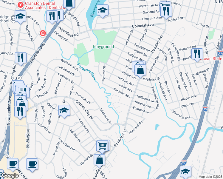map of restaurants, bars, coffee shops, grocery stores, and more near 88 Fordson Avenue in Cranston
