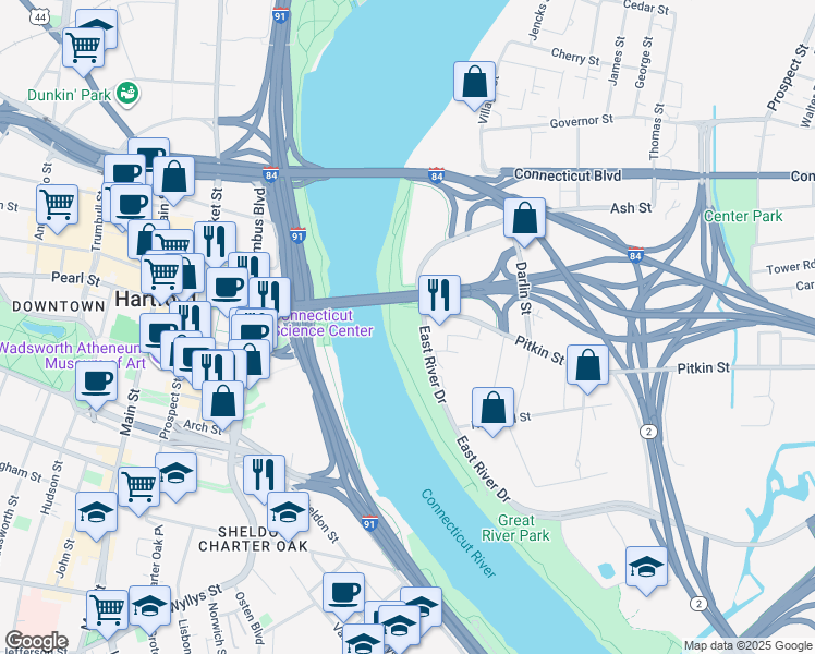 map of restaurants, bars, coffee shops, grocery stores, and more near 235 East River Drive in East Hartford